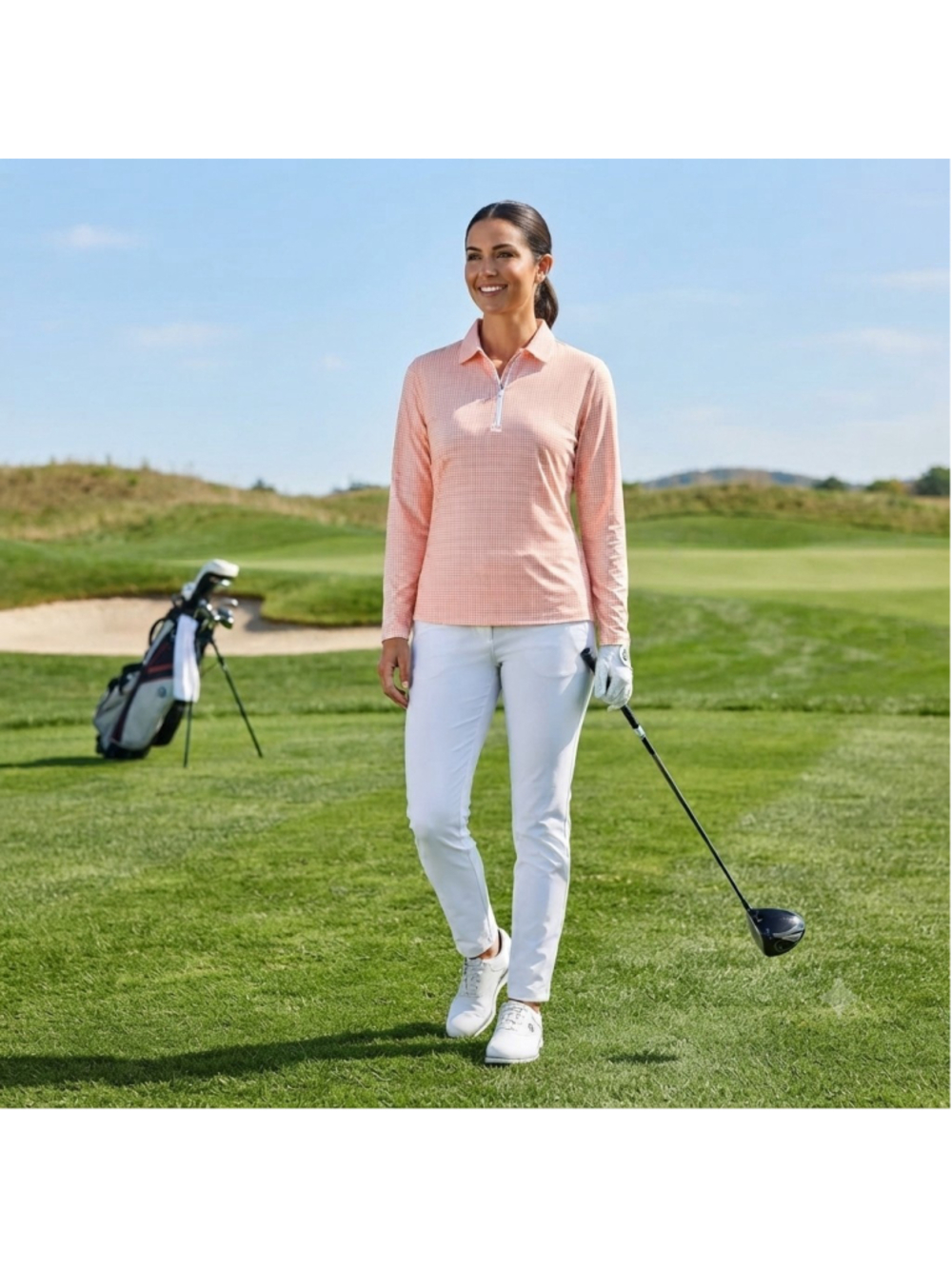 FootJoy Marge Womens Orange Houndstooth LS Golf Polo UV Finish Size M New